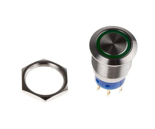 63-7387-68 KNITTER-SWITCH Double Pole Double Throw (DPDT) Momentary Green LED Push Button Switch, IP67, 19.2 (Dia.)mm, Panel MAV19A0F20E-624-JR