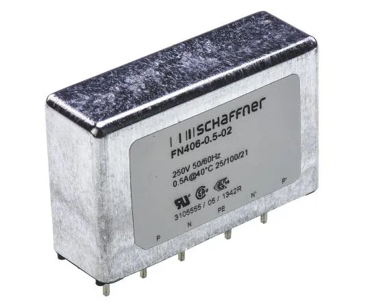 63-7428-86 Schaffner FN406 Series 500mA 250 V ac 400Hz Through Hole RFI Filter, with Pin Terminals FN 406-0.5/02