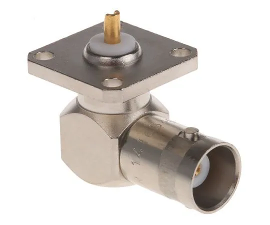 63-7475-24 Radiall Right Angle 50Ω Flange Mount Bulkhead Fitting BNC Connector, jack, Nickel, Solder Termination R141654000