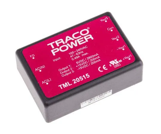 63-7725-65 TRACOPOWER 20W Triple Output Embedded Switch Mode Power Supply SMPS, 2.8 A, 200 mA, 5/±15V dc Encapsulated TML 20515