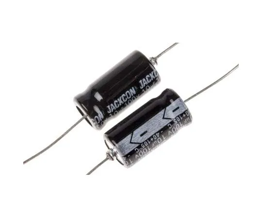 63-7727-89　RS PRO 10μF 100V dc Aluminium Electrolytic Capacitor, Through Hole 8 (Dia.) x 16mm +105°C 8mm 16mm　707-6408