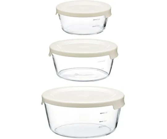 67-3056-07 Heat-Resistant Glass Storage Container Round-Off-White 3 Pieces x 18 Sets MST-3018-OW