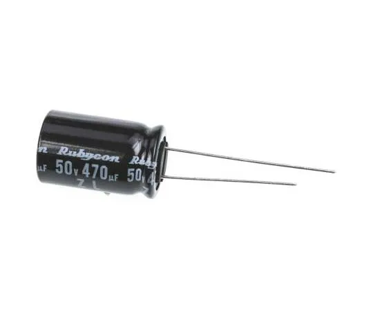 63-7717-12　Rubycon 470μF 50V dc Aluminium Electrolytic Capacitor, Through Hole 12.5 (Dia.) x 20mm +105°C 12.5mm 5mm　50ZL470MEFC12.5X20