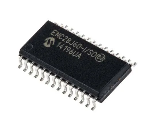 63-7706-72 Microchip ENC28J60-I/SO, Ethernet Controller, 10 Mbps, 100 Mbps, 1000 Mbps SPI, Serial-SPI, 3.3 V, 28-Pin SOIC ENC28J60-I/SO