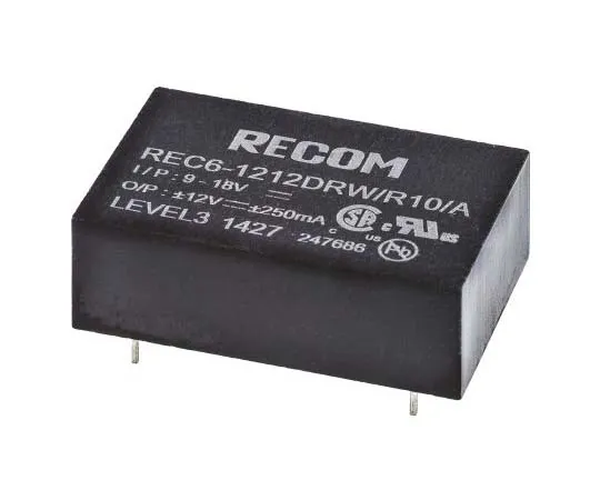 63-7723-23 Recom REC6 6W Isolated DC-DC Converter Through Hole, Voltage in 9 → 18 V dc, Voltage out ±12V dc Medical Approved REC6-1212DRW/R10/A