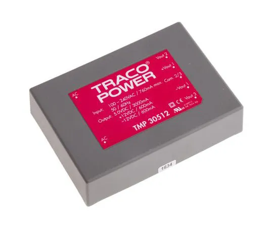 63-7654-68 TRACOPOWER 30W Triple Output Embedded Switch Mode Power Supply SMPS, 3 A, 600 mA, 5/±12V dc Encapsulated TMP 30512