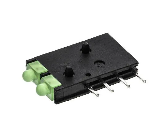 63-7627-09 Dialight 571-0122-100F, Green Right Angle PCB LED Indicator, 2 LEDs, Through Hole 2.1 V 571-0122-100F