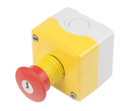 63-7632-58 Schneider Electric, Red/Yellow/Grey, Key Reset 40mm Mushroom Head Emergency Button XALK188E