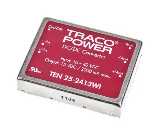 63-7725-32　TRACOPOWER TEN 25WI 25 W, 30 W Isolated DC-DC Converter Through Hole, Voltage in 10 → 40 V dc, Voltage out 15V dc　TEN 25-2413WI