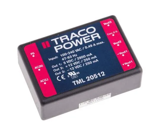 63-7725-64 TRACOPOWER 20W Triple Output Embedded Switch Mode Power Supply SMPS, 2.8 A, 250 mA, 5/±12V dc Encapsulated TML 20512
