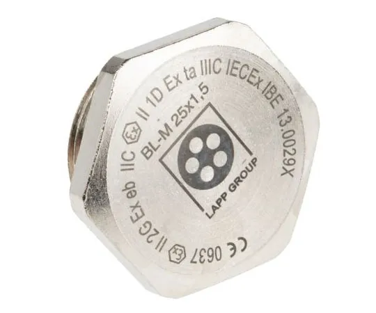 63-7655-14 Lapp ATEX M25 Plug, Nickel Plated Brass, Threaded, IP68 52103133