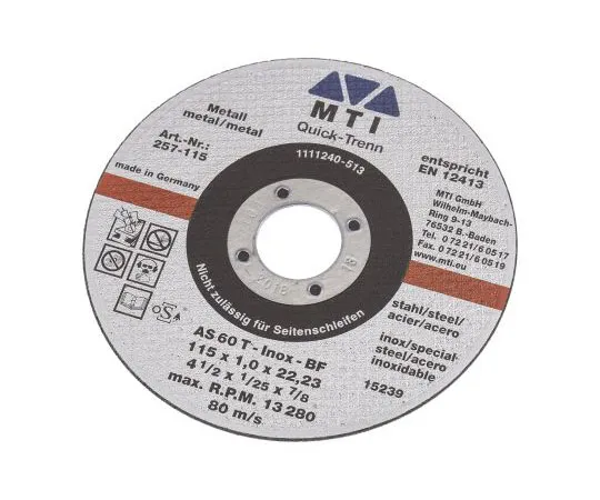63-7572-94 MTI Aluminium Oxide Cutting Disc, 115mm Diameter, 1mm Thick 257-115