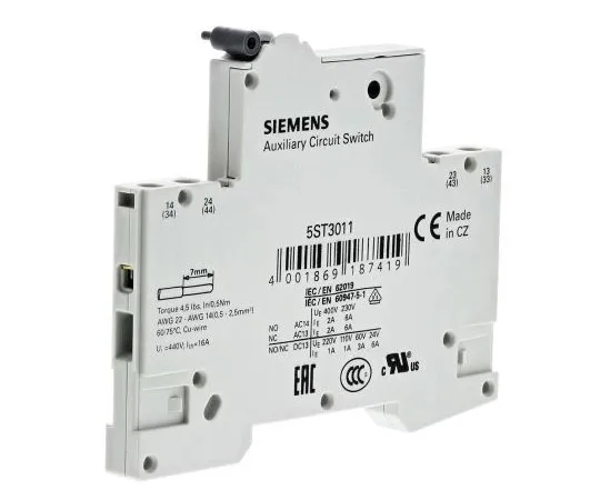 63-7606-48 Siemens Sentron 5ST3, 2NO (2), Auxiliary Contact, DIN Rail Mount, 6 A 5ST3011