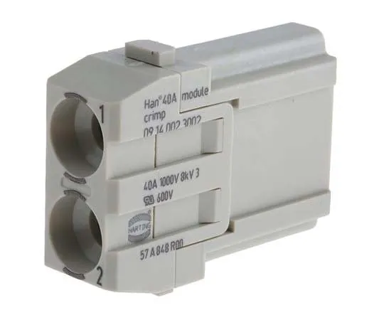 63-7711-19 Han-Modular Series Male Module, 2 Way, 1 Row, Rated At 40A, 1 kV, Han 40A Crimp 9140023002