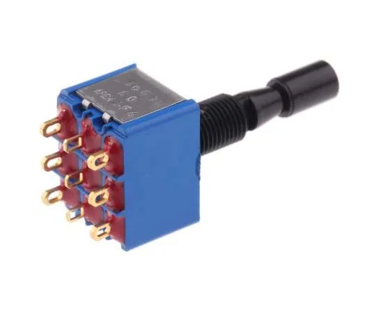 63-7700-05 APEM Three Pole Double Throw (3PDT) Toggle Switch, Locking lever, On-Off-On, Panel Mount 5659ADBGK3V