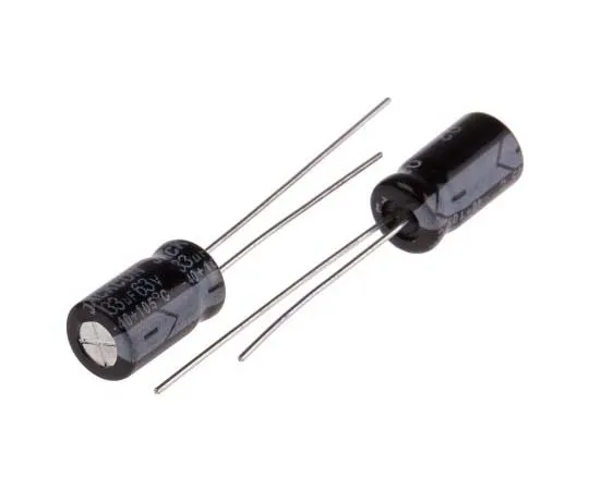 63-7737-74 RS PRO 33μF 63V dc Aluminium Capacitors, Through Hole 6.3 (Dia.) x 11mm +105°C 6.3mm 2.5mm 11mm 173-0259