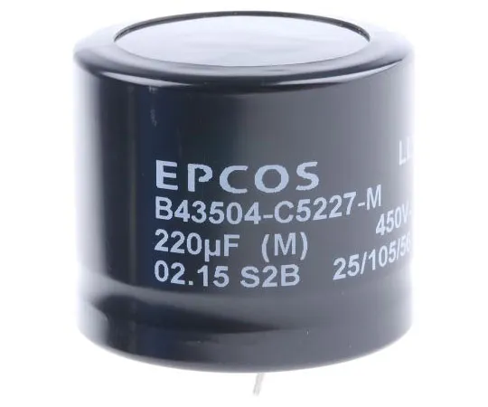 63-7589-35 EPCOS 220μF 450V dc Aluminium Electrolytic Capacitor, Through Hole 35 (Dia.) x 30mm +105°C 35mm 10mm B43504C5227M000