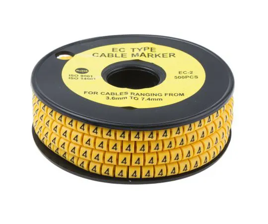 63-8015-72　RS Pro Slide On Cable Marker, Pre-printed 4 Black on Yellow 3.6 → 7.4mm Dia. Range　812-0941