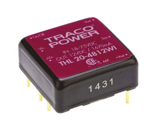 63-7773-48　TRACOPOWER THL 20WI 20W Isolated DC-DC Converter Through Hole, Voltage in 18 → 75 V dc, Voltage out 12V dc　THL 20-4812WI