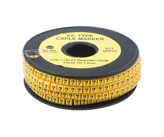 63-8015-77　RS Slide On Cable Marker, Pre-printed 7 Black on Yellow 3.6 → 7.4mm Dia. Range　812-0957