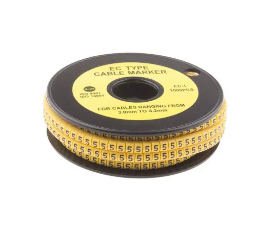 63-8015-52　RS Slide On Cable Marker, Pre-printed 5 Black on Yellow 3 → 4.2mm Dia. Range　812-0812