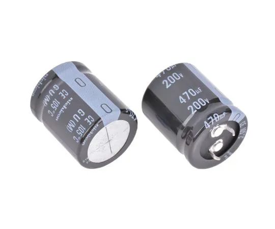 63-8040-25　Nichicon 470μF 200V dc Aluminium Electrolytic Capacitor, Through Hole 25 (Dia.) x 30mm +105°C 25mm 10mm　LGU2D471MELA