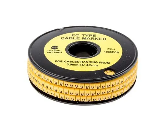 63-8015-68　RS PRO Slide On Cable Marker, Pre-printed V Black on Yellow 3 → 4.2mm Dia. Range　812-0903