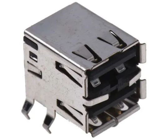 63-7993-87　TE Connectivity Dual Port Right Angle PCB Mount, Through Hole, Version 2.0 Type A USB Connector, Receptacle　5787745-1
