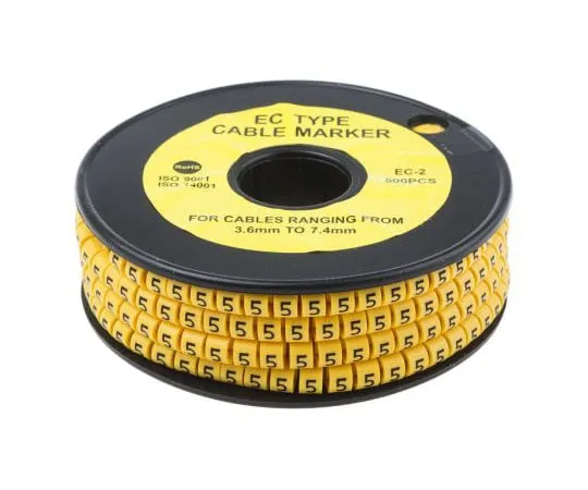 63-8015-75　RS Pro Slide On Cable Marker, Pre-printed 5 Black on Yellow 3.6 → 7.4mm Dia. Range　812-0950