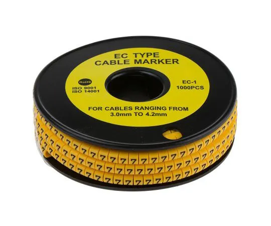 63-8015-56　RS Slide On Cable Marker, Pre-printed 7 Black on Yellow 3 → 4.2mm Dia. Range　812-0824