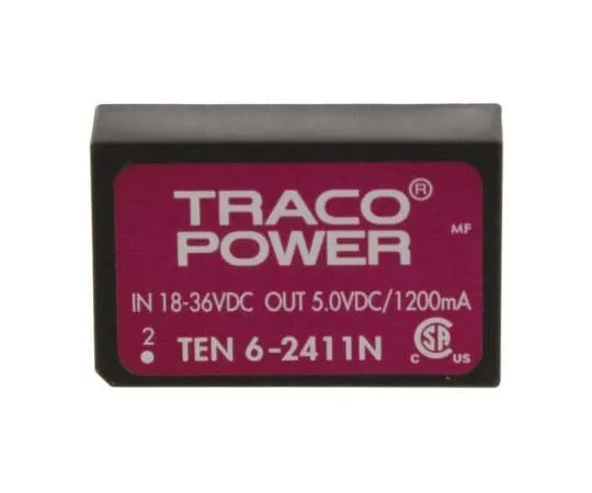 63-7805-67　TRACOPOWER TEN 6N 6W Isolated DC-DC Converter Through Hole, Voltage in 18 → 36 V dc, Voltage out 5V dc　TEN 6-2411N