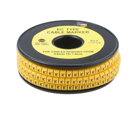63-8015-87　RS Slide On Cable Marker, Pre-printed K Black on Yellow 3.6 → 7.4mm Dia. Range　812-1004