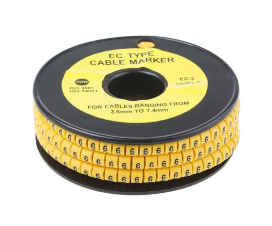 63-8015-76　RS Pro Slide On Cable Marker, Pre-printed 6 Black on Yellow 3.6 → 7.4mm Dia. Range　812-0953