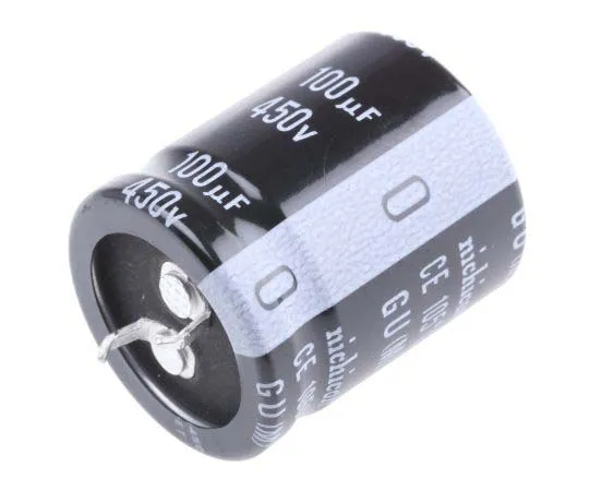 63-7782-74　Nichicon 100μF 450V dc Aluminium Electrolytic Capacitor, Through Hole 25 (Dia.) x 30mm +105°C 25mm 10mm　LGU2W101MELA