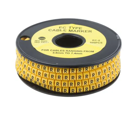 63-8015-92　RS PRO Slide On Cable Marker, Pre-printed R Black on Yellow 3.6 → 7.4mm Dia. Range　812-1029