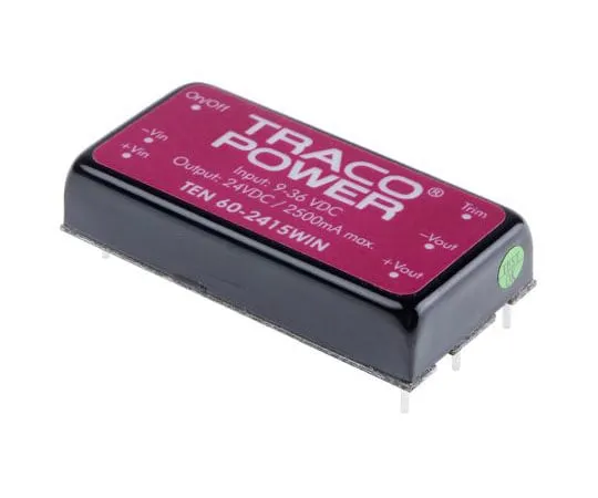 63-7982-04　TRACOPOWER TEN 60WIN 60W Isolated DC-DC Converter Through Hole, Voltage in 9 → 36 V dc, Voltage out 24V dc　TEN 60-2415WIN