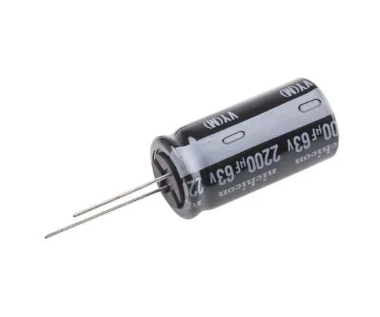 63-7782-68　Nichicon 2200μF 63V dc Aluminium Electrolytic Capacitor, Through Hole 18 (Dia.) x 35.5mm +105°C 18mm 7.5mm　UVY1J222MHD