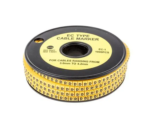 63-8015-67　RS PRO Slide On Cable Marker, Pre-printed R Black on Yellow 3 → 4.2mm Dia. Range　812-0893