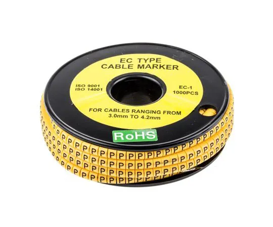 63-8015-65　RS Slide On Cable Marker, Pre-printed P Black on Yellow 3 → 4.2mm Dia. Range　812-0880