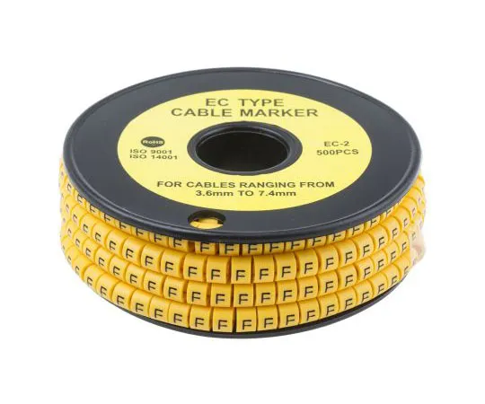 63-8015-83　RS Slide On Cable Marker, Pre-printed F Black on Yellow 3.6 → 7.4mm Dia. Range　812-0981