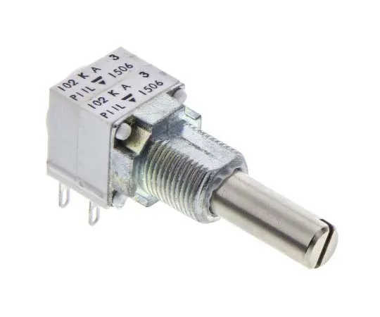 63-7789-93　Vishay 2 Gang Rotary Cermet Potentiometer with a 6.35 mm Dia. Shaft, 1kΩ, ±10%, 0.1W, Linear P11L2V0FLSY00102KA　P11L2V0FLSY00102KA