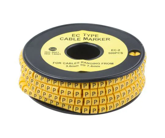 63-8015-90　RS Slide On Cable Marker, Pre-printed P Black on Yellow 3.6 → 7.4mm Dia. Range　812-1017