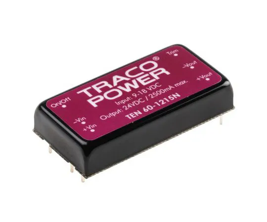 63-7982-02　TRACOPOWER TEN 60N 60W Isolated DC-DC Converter Through Hole, Voltage in 9 → 18 V dc, Voltage out 24V dc　TEN 60-1215N