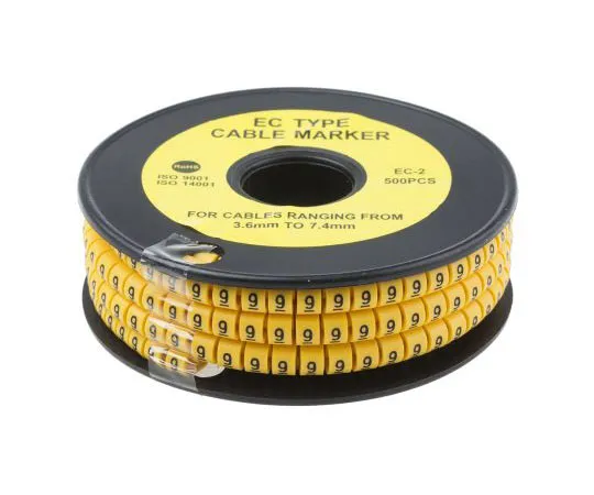 63-8015-79　RS Slide On Cable Marker, Pre-printed 9 Black on Yellow 3.6 → 7.4mm Dia. Range　812-0969