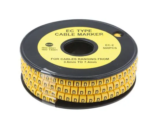 63-8015-82　RS Slide On Cable Marker, Pre-printed D Black on Yellow 3.6 → 7.4mm Dia. Range　812-0979