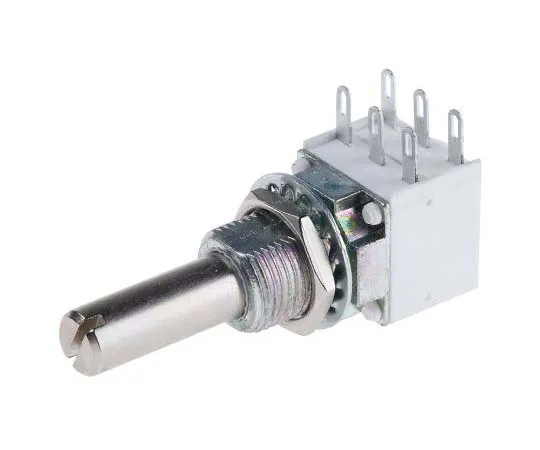 63-7789-97　Vishay 2 Gang Rotary Cermet Potentiometer with a 6.35 mm Dia. Shaft, 10kΩ, ±10%, 0.1W, Linear P11L2V0FLSY00103KA　P11L2V0FLSY00103KA