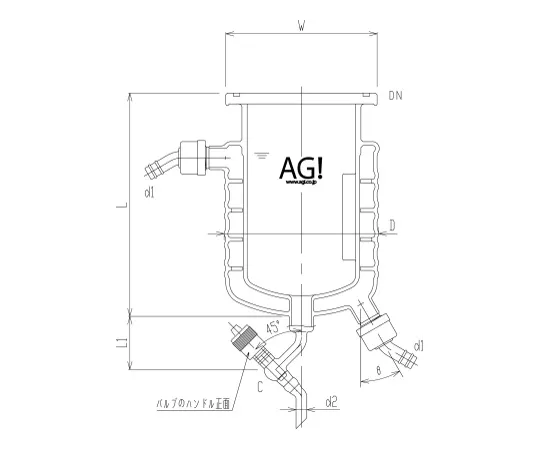 62-2097-91　［Discontinued］Double Tube Separable Reaction Vessel with Media Baffle, Hose Port Type, with Drain Valve (Greaseless Valve)　3014-0585A-H