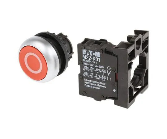 63-8012-38　Eaton, M22 Red Round Push Button, NC, 22.5mm Momentary Screw　216510 & M22-D-R-X0/K01