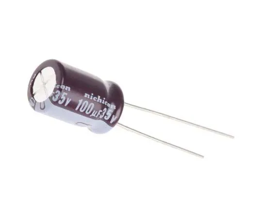 63-7782-37　Nichicon 100μF 35V dc Aluminium Electrolytic Capacitor, Through Hole 8 (Dia.) x 11.5mm +105°C 8mm 3.5mm　UPV1V101MGD