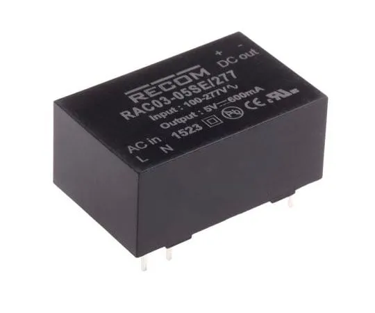 63-8070-43　Recom 3W 1 Output Embedded Switch Mode Power Supply SMPS, 600mA, 5V dc Encapsulated　RAC03-05SE/277
